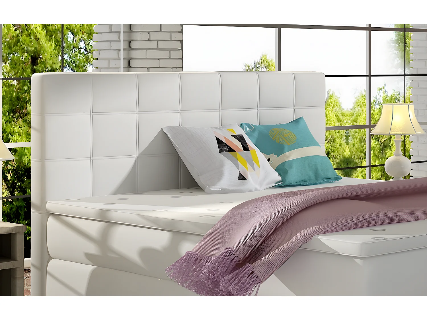 Ensemble boxspring complet tête de lit + sommiers + matelas + surmatelas ALVEN - simili cuir blanc cassé - 180x200 cm