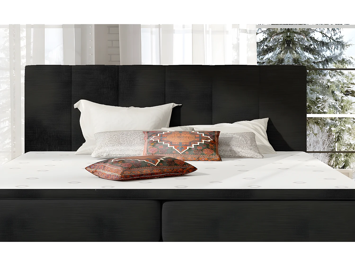 Ensemble boxspring complet tête de lit + sommiers + matelas + surmatelas BORIS de VENESETTI - tissu luxe noir - 140x200 cm