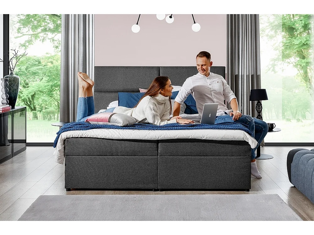 Ensemble boxspring complet tête de lit + sommiers + matelas + surmatelas AMARIS de VENESETTI - tissu luxe gris foncé - 140x200 cm