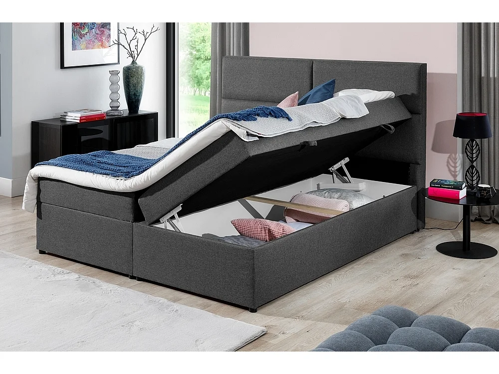 Ensemble boxspring complet tête de lit + sommiers + matelas + surmatelas AMARIS de VENESETTI - tissu luxe gris foncé - 140x200 cm