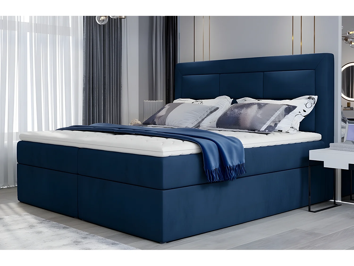 Ensemble boxspring complet tête de lit + sommiers + matelas + surmatelas VISTA VELOURS de VENESETTI - tissu velours luxe bleu - 160 x 200 cm