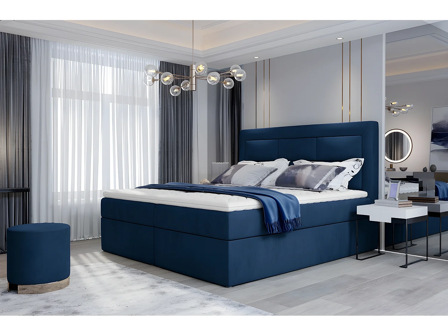 Ensemble boxspring complet tête de lit + sommiers + matelas + surmatelas VISTA VELOURS de VENESETTI - tissu velours luxe bleu - 160 x 200 cm