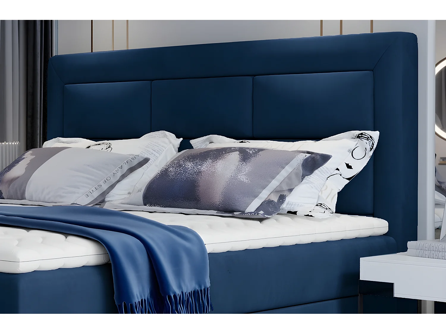 Ensemble boxspring complet tête de lit + sommiers + matelas + surmatelas VISTA VELOURS de VENESETTI - tissu velours luxe bleu - 160 x 200 cm