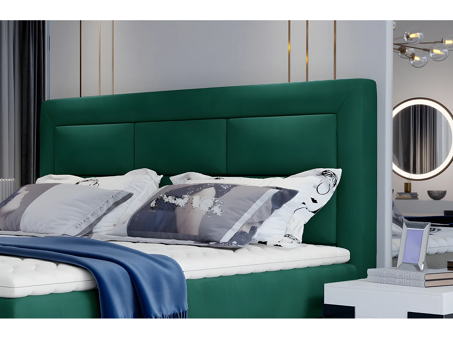 Ensemble boxspring complet tête de lit + sommiers + matelas + surmatelas VISTA VELOURS de VENESETTI - tissu velours luxe vert - 180 x 200 cm