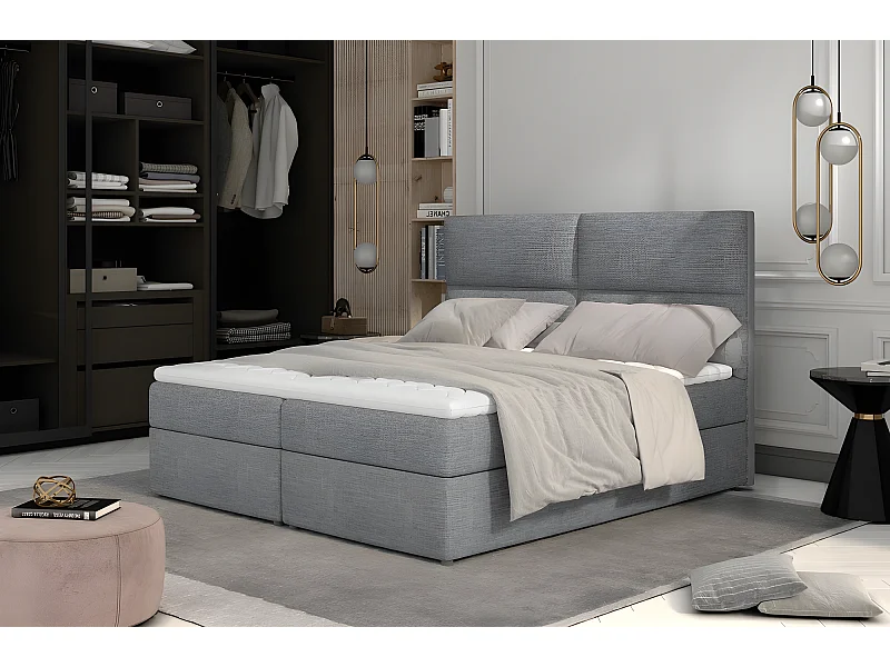 Ensemble boxspring complet tête de lit + sommiers + matelas + surmatelas AMARIS de VENESETTI - tissu luxe gris clair - 160x200 cm