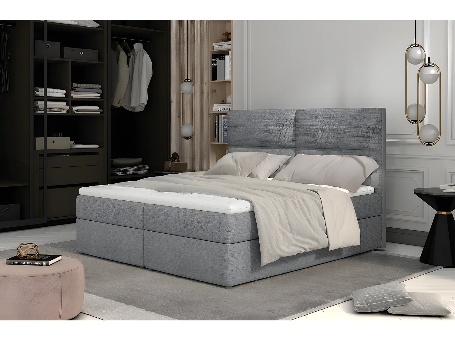 Ensemble boxspring complet tête de lit + sommiers + matelas + surmatelas AMARIS de VENESETTI - tissu luxe gris clair - 160x200 cm