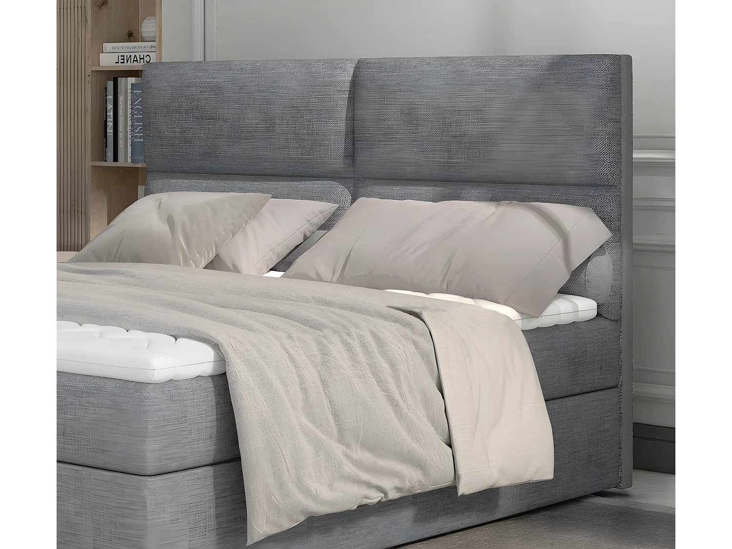 Ensemble boxspring complet tête de lit + sommiers + matelas + surmatelas AMARIS de VENESETTI - tissu luxe gris clair - 160x200 cm