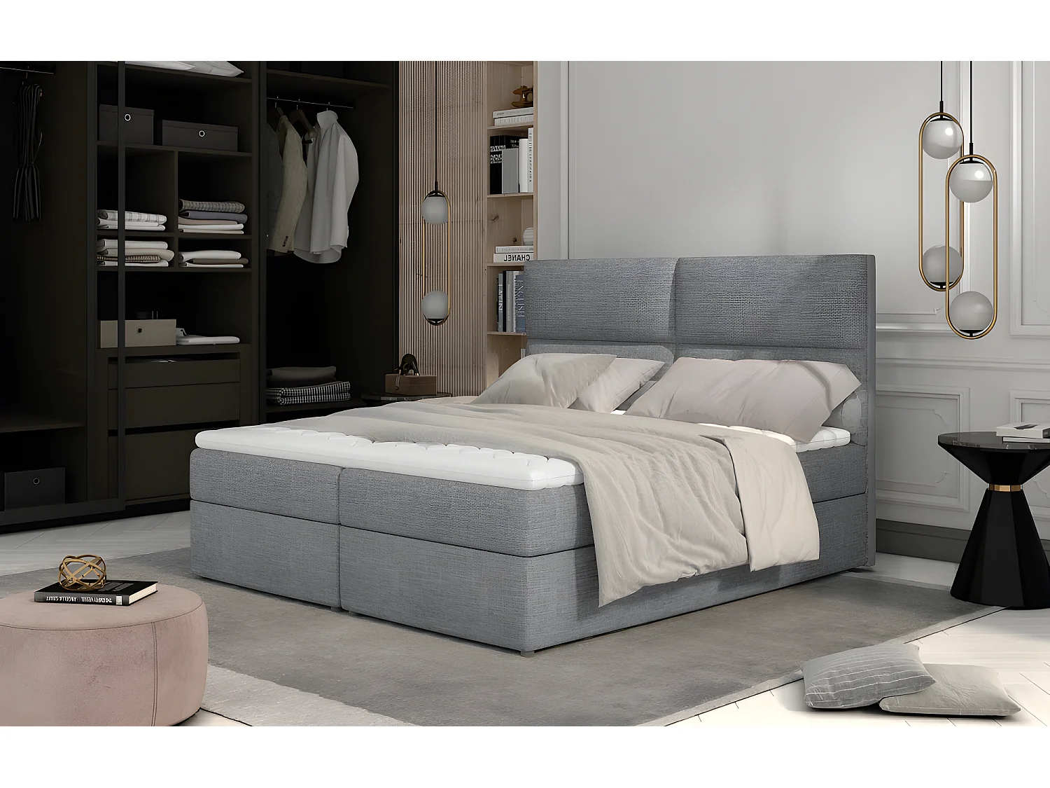 Ensemble boxspring complet tête de lit + sommiers + matelas + surmatelas AMARIS de VENESETTI - tissu luxe gris clair - 160x200 cm