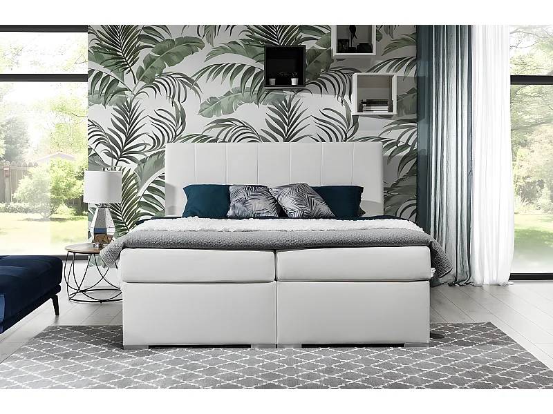 Ensemble boxspring complet tête de lit + sommiers + matelas + surmatelas BORIS de VENESETTI - simili cuir blanc - 140x200 cm