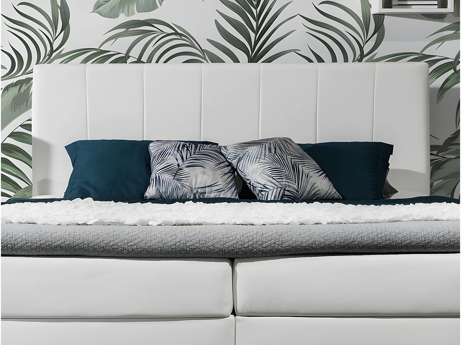 Ensemble boxspring complet tête de lit + sommiers + matelas + surmatelas BORIS de VENESETTI - simili cuir blanc - 140x200 cm