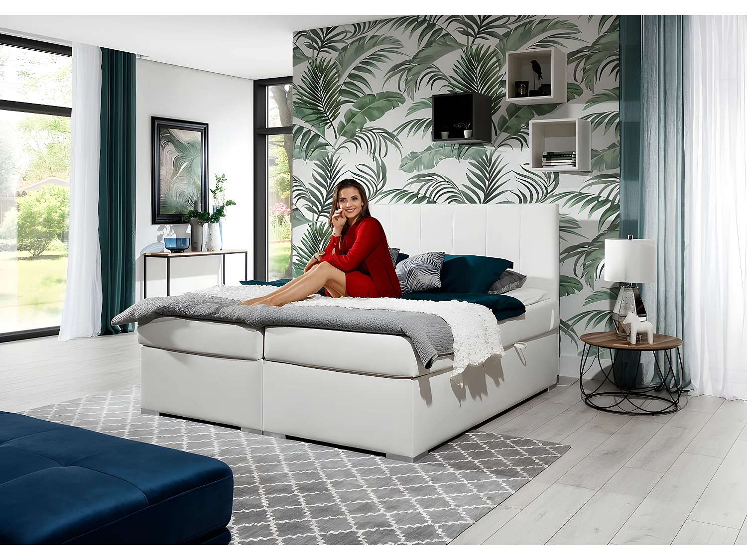 Ensemble boxspring complet tête de lit + sommiers + matelas + surmatelas BORIS de VENESETTI - simili cuir blanc - 140x200 cm