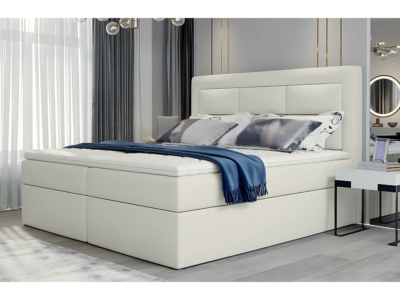 Ensemble boxspring complet tête de lit + sommiers + matelas + surmatelas VISTA de VENESETTI - simili cuir ivoire - 140 x 200 cm