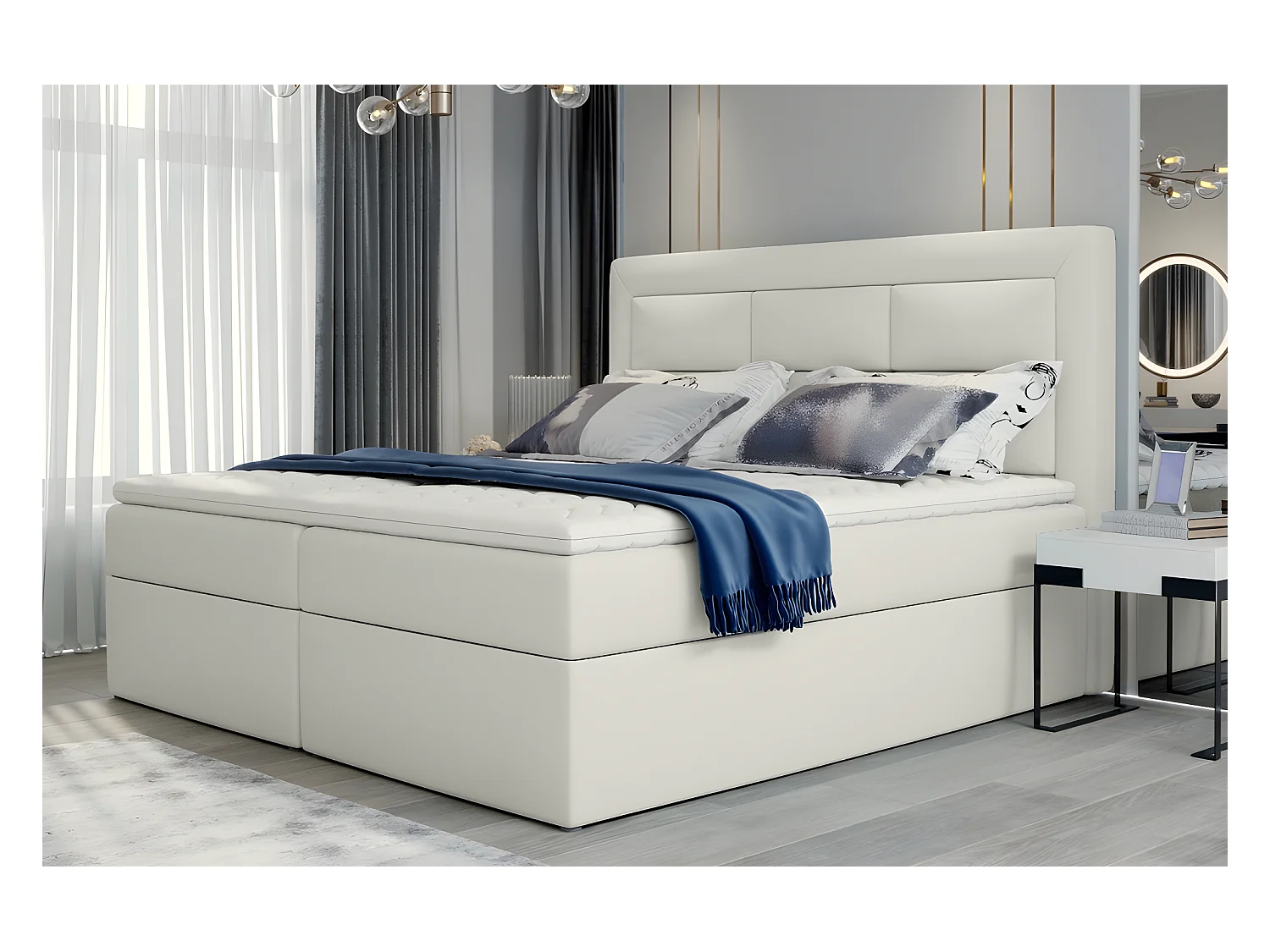Compleet boxspring ensemble in ivoor kunstleer met topper en opbergruimte - 140 x 200 cm