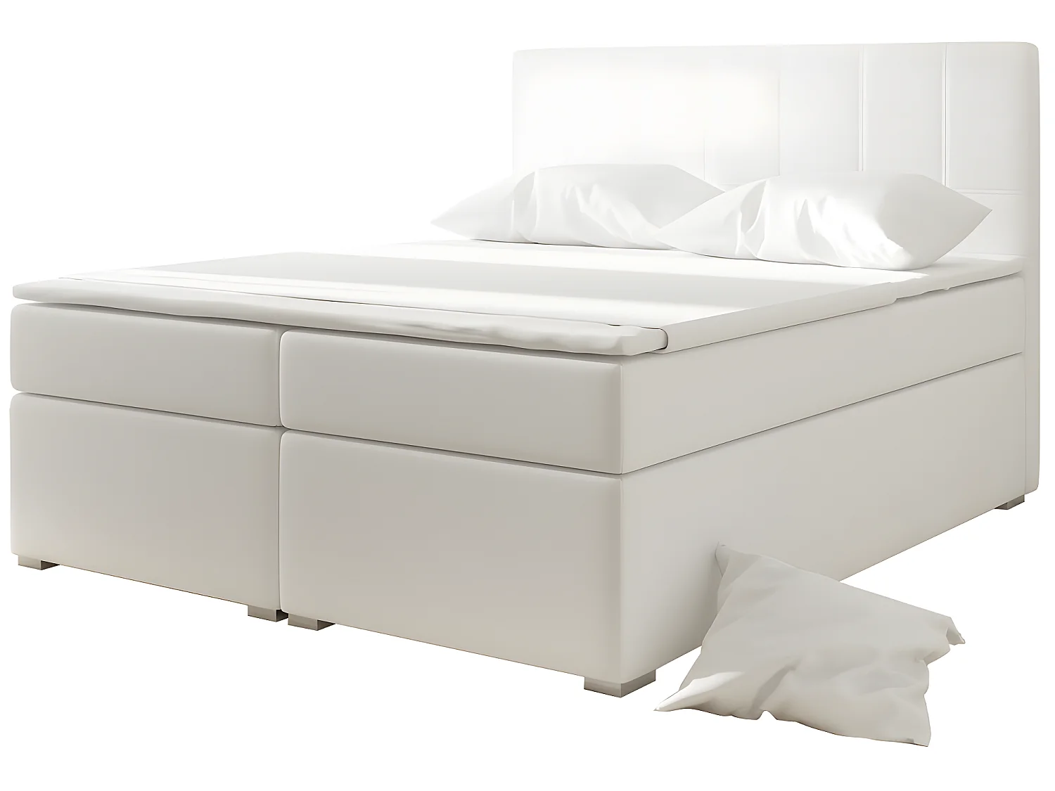 Ensemble boxspring complet tête de lit + sommiers + matelas + surmatelas ALVEN - simili cuir blanc cassé - 140x200 cm