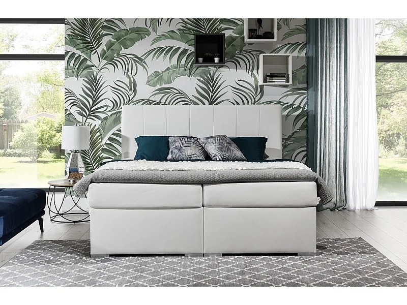 Ensemble boxspring complet tête de lit + sommiers + matelas + surmatelas BORIS de VENESETTI - simili cuir blanc - 160x200 cm