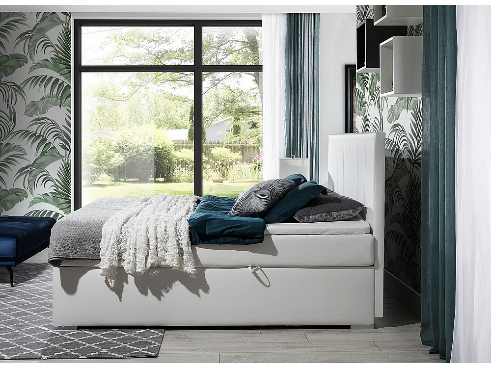 Ensemble boxspring complet tête de lit + sommiers + matelas + surmatelas BORIS de VENESETTI - simili cuir blanc - 160x200 cm