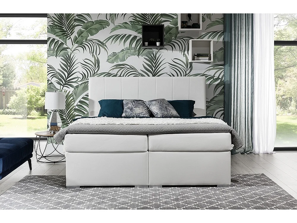 Ensemble boxspring complet tête de lit + sommiers + matelas + surmatelas BORIS de VENESETTI - simili cuir blanc - 160x200 cm