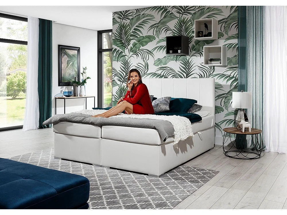 Ensemble boxspring complet tête de lit + sommiers + matelas + surmatelas BORIS de VENESETTI - simili cuir blanc - 160x200 cm