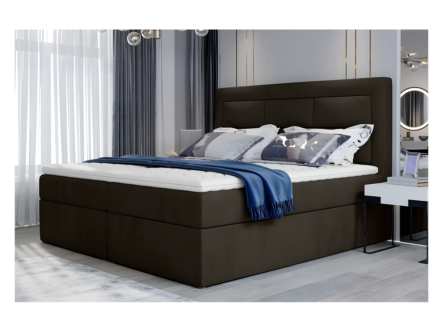 Ensemble boxspring complet tête de lit + sommiers + matelas + surmatelas VISTA VELOURS de VENESETTI - tissu velours luxe chocolat - 180 x 200 cm