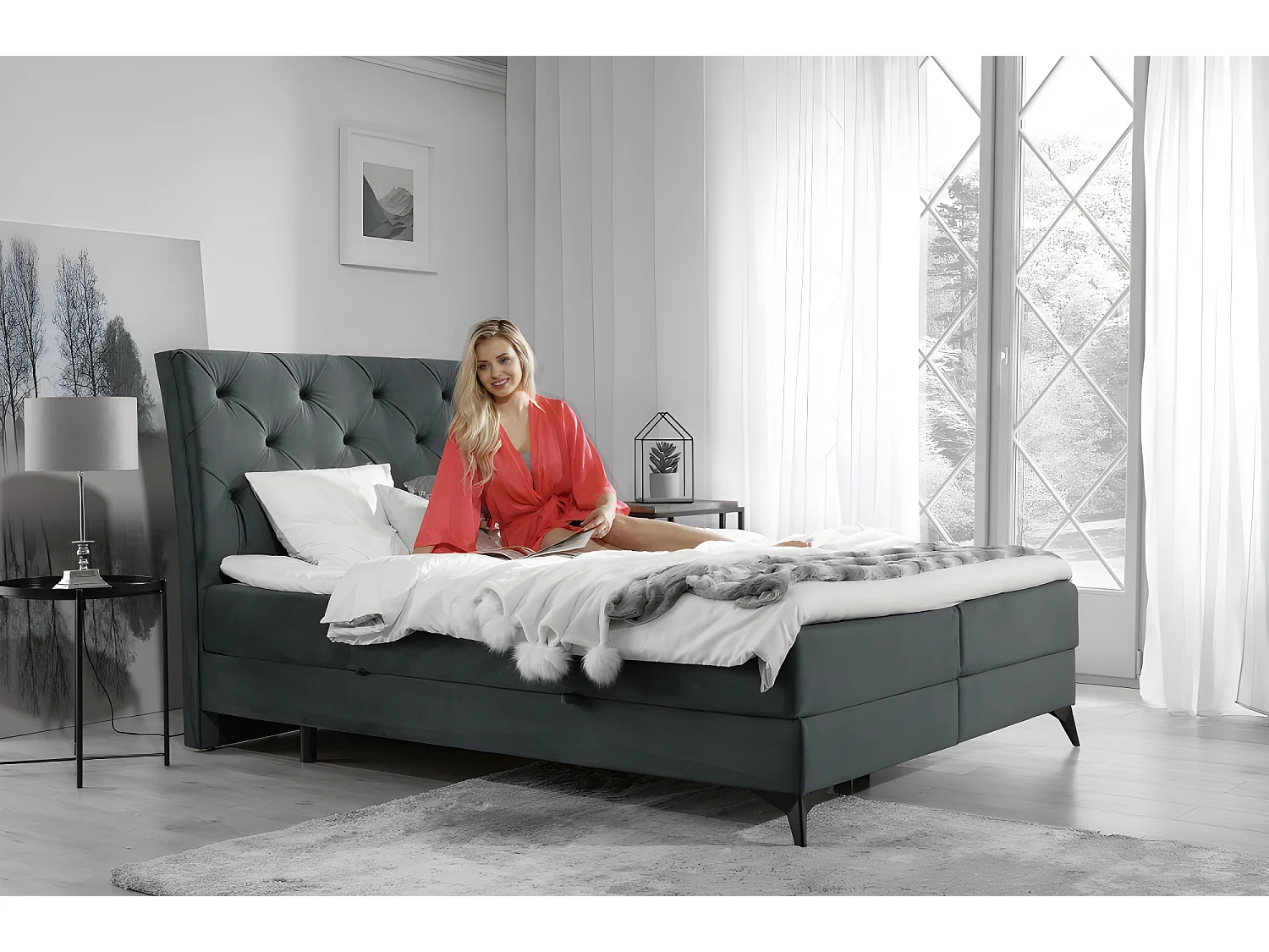 Ensemble boxspring complet tête de lit + sommiers + matelas + surmatelas LAMBERT de VENESETTI - tissu luxe gris foncé - 160x200 cm