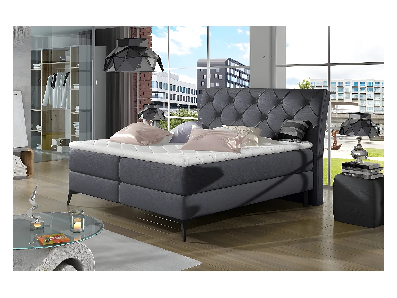 Ensemble boxspring complet tête de lit + sommiers + matelas + surmatelas LAMBERT de VENESETTI - tissu luxe gris foncé - 160x200 cm