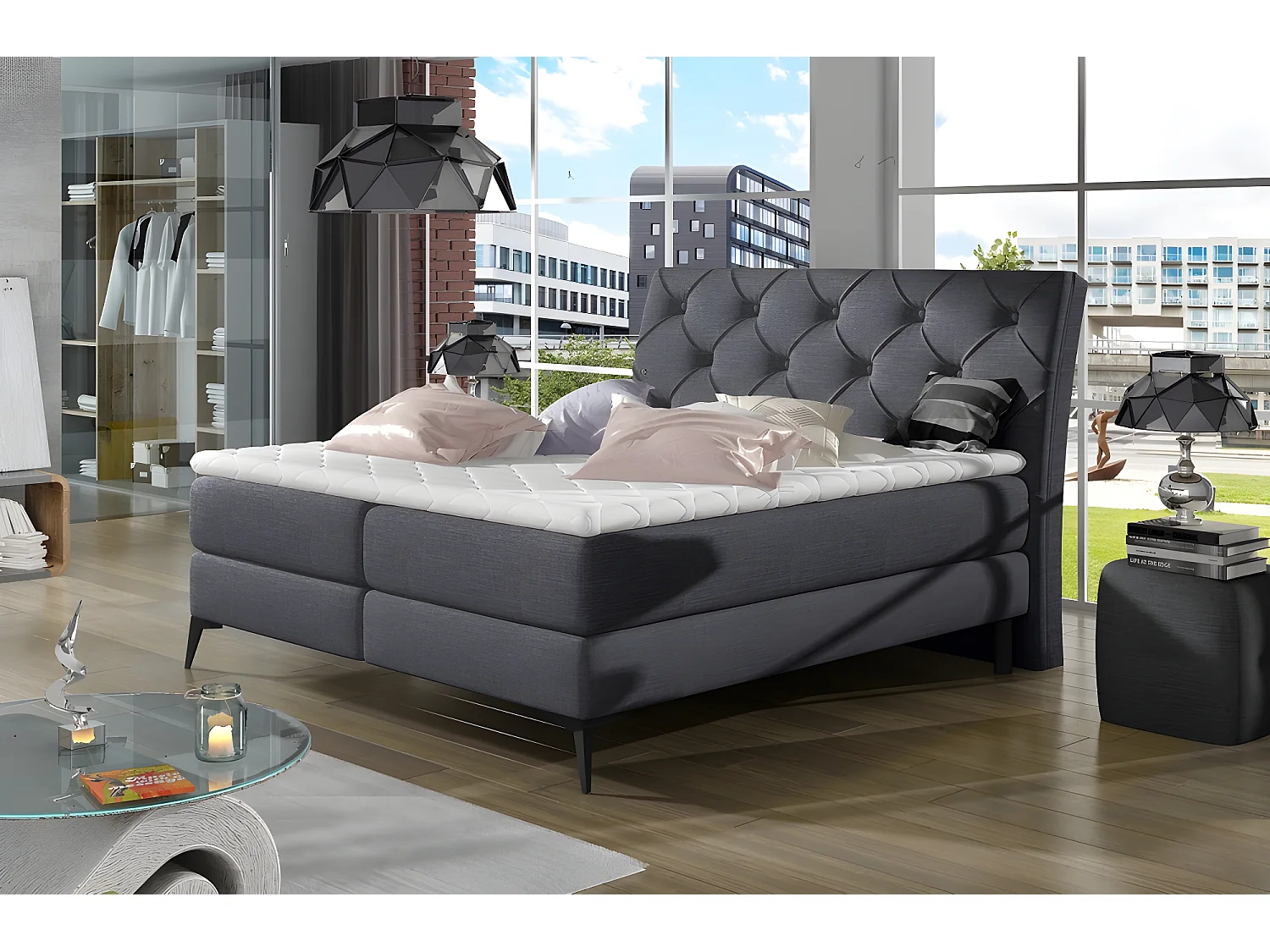 Ensemble boxspring complet tête de lit + sommiers + matelas + surmatelas LAMBERT de VENESETTI - tissu luxe gris foncé - 160x200 cm