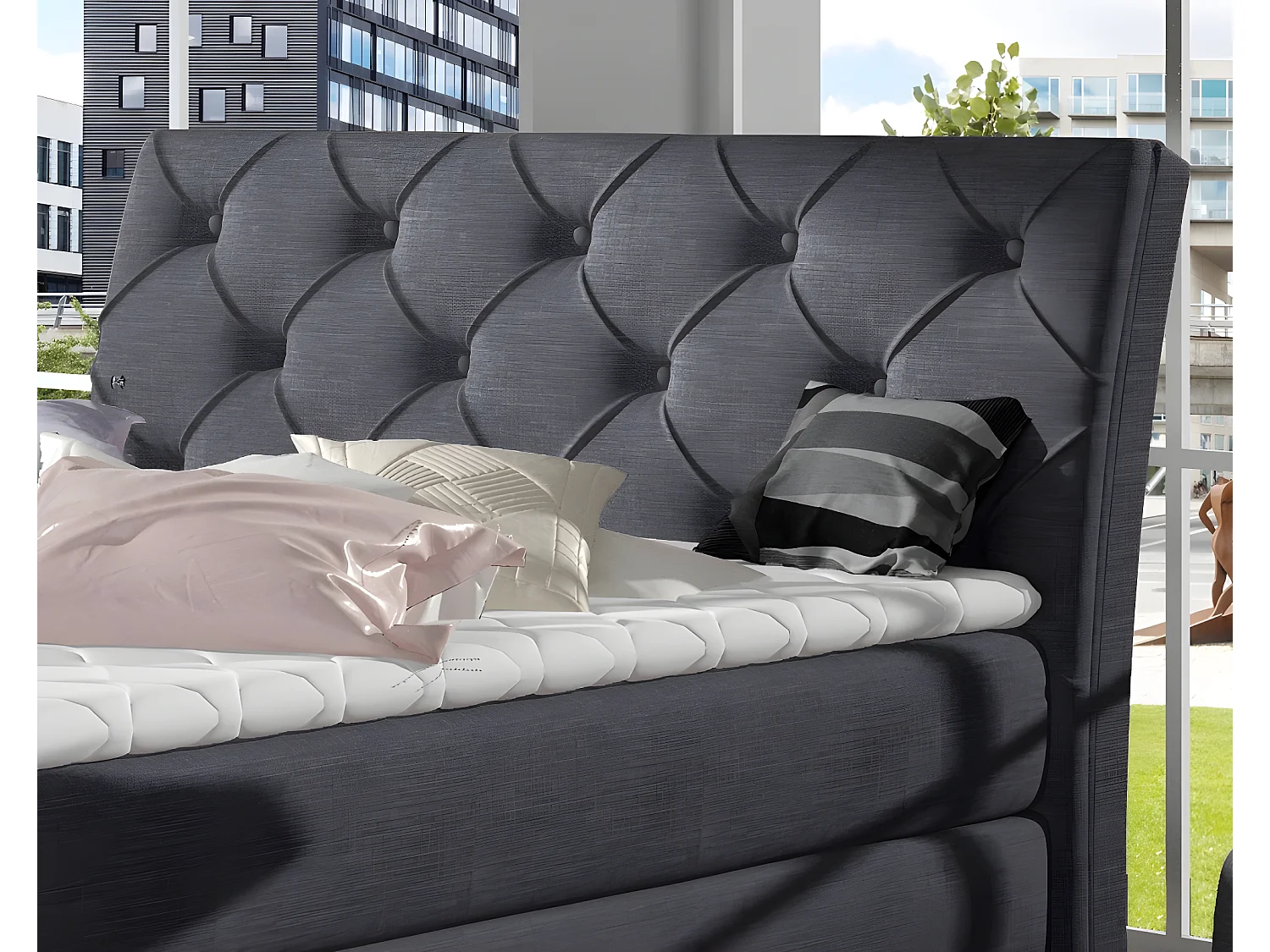 Ensemble boxspring complet tête de lit + sommiers + matelas + surmatelas LAMBERT de VENESETTI - tissu luxe gris foncé - 160x200 cm