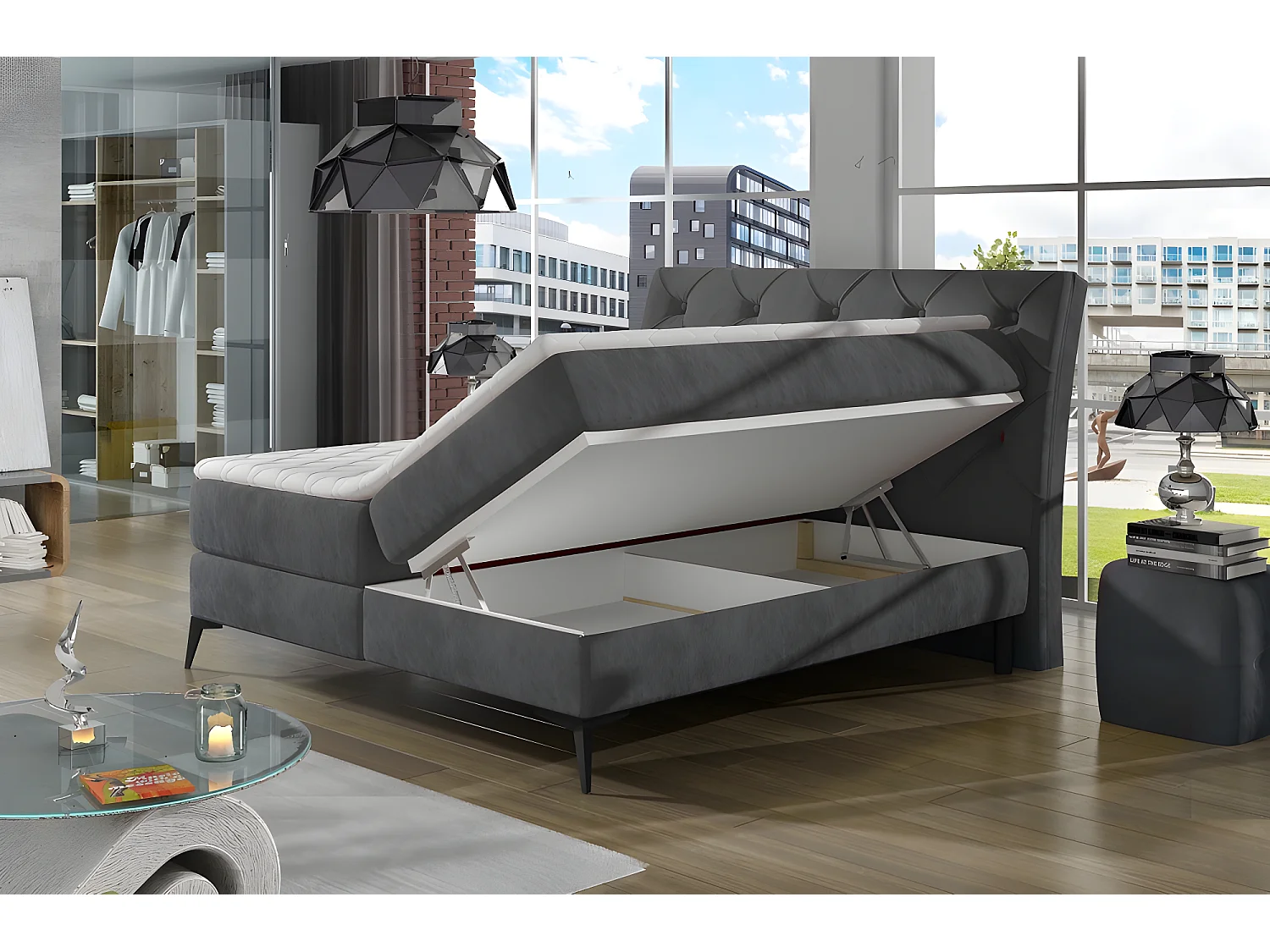 Ensemble boxspring complet tête de lit + sommiers + matelas + surmatelas LAMBERT de VENESETTI - tissu luxe gris foncé - 140x200 cm