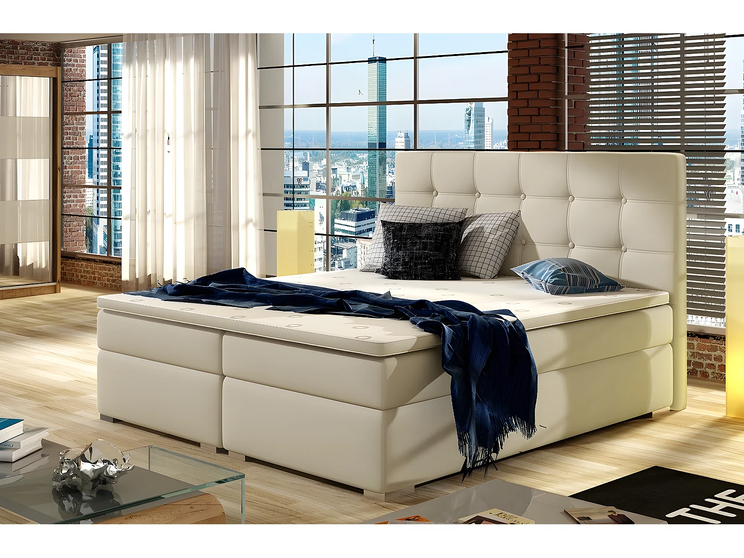 Ensemble boxspring complet tête de lit + sommiers + matelas + surmatelas INAYA de VENESETTI - simili cuir beige - 160x200 cm