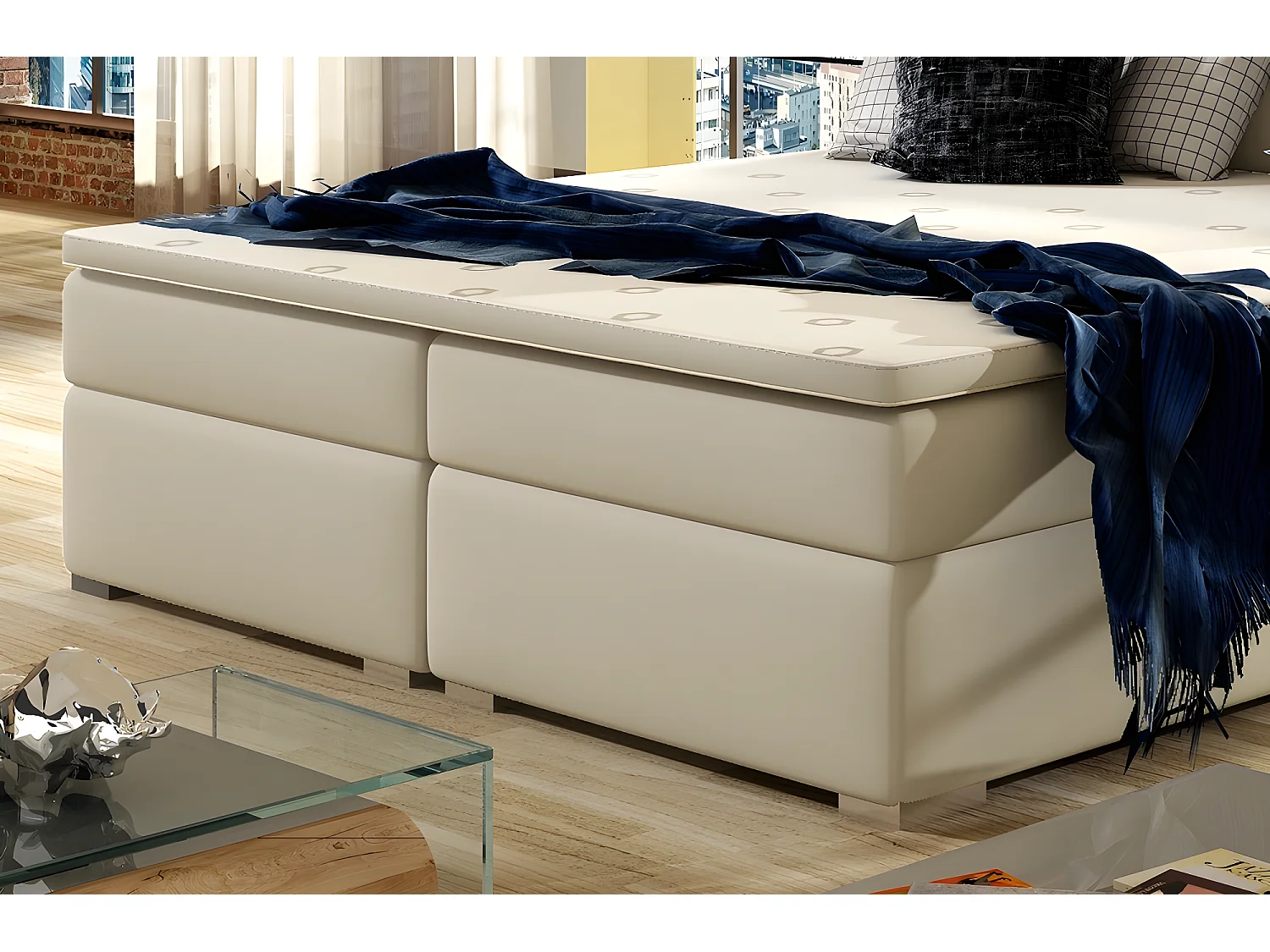 Ensemble boxspring complet tête de lit + sommiers + matelas + surmatelas INAYA de VENESETTI - simili cuir beige - 160x200 cm