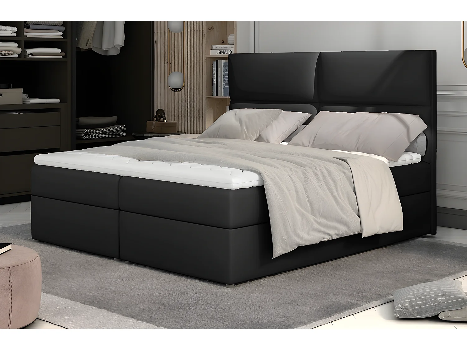 Ensemble boxspring complet tête de lit + sommiers + matelas + surmatelas AMARIS de VENESETTI - simili cuir noir - 160x200 cm