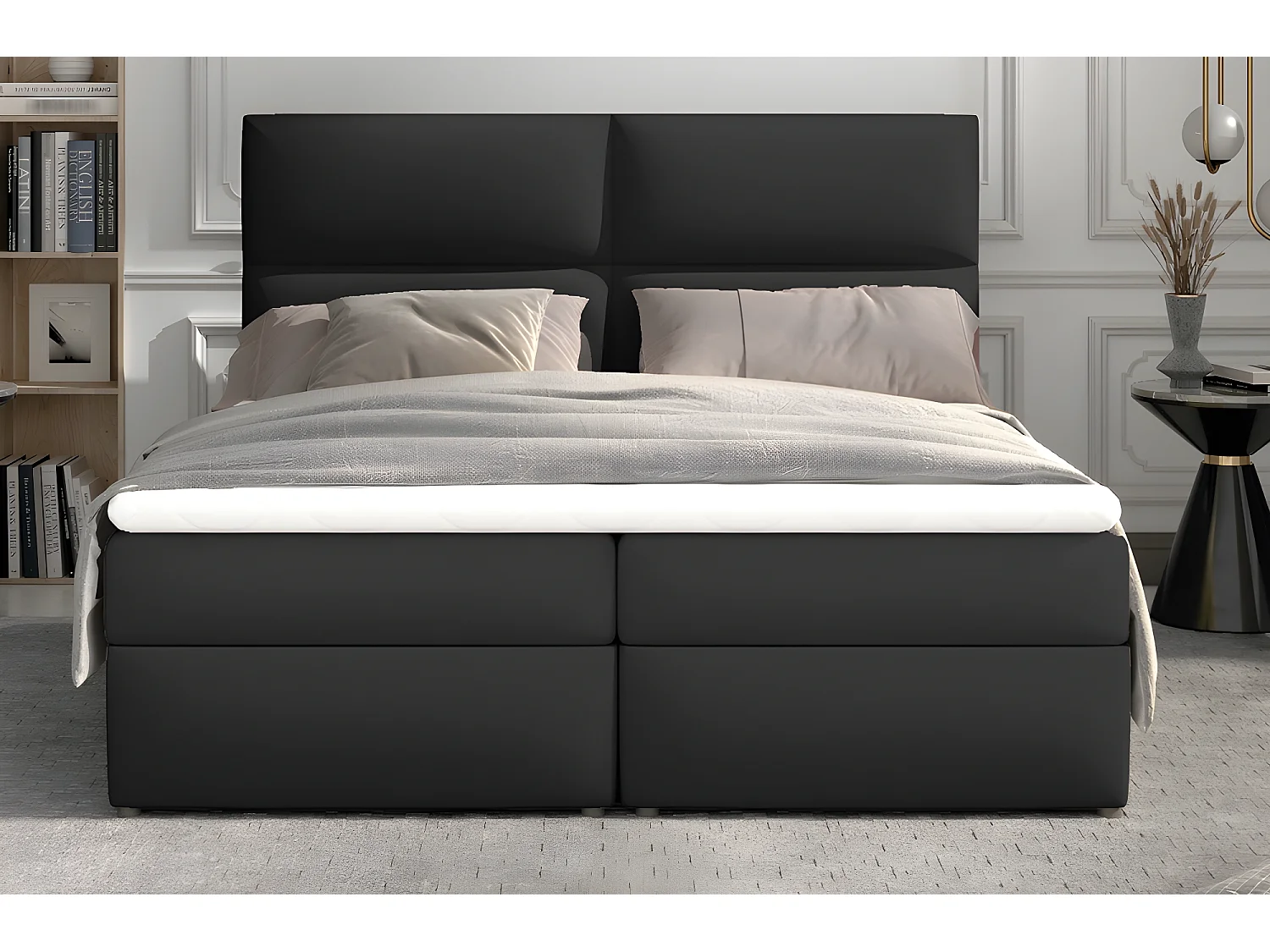 Ensemble boxspring complet tête de lit + sommiers + matelas + surmatelas AMARIS de VENESETTI - simili cuir noir - 160x200 cm