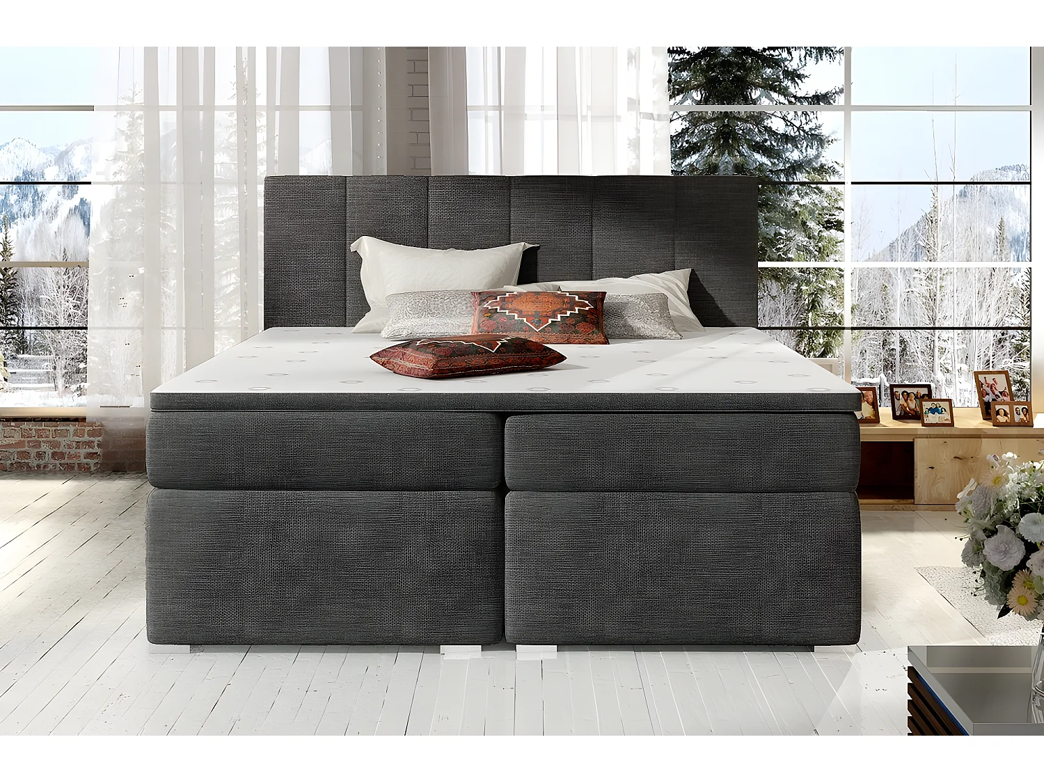 Ensemble boxspring complet tête de lit + sommiers + matelas + surmatelas BORIS de VENESETTI - tissu luxe gris foncé - 180x200 cm