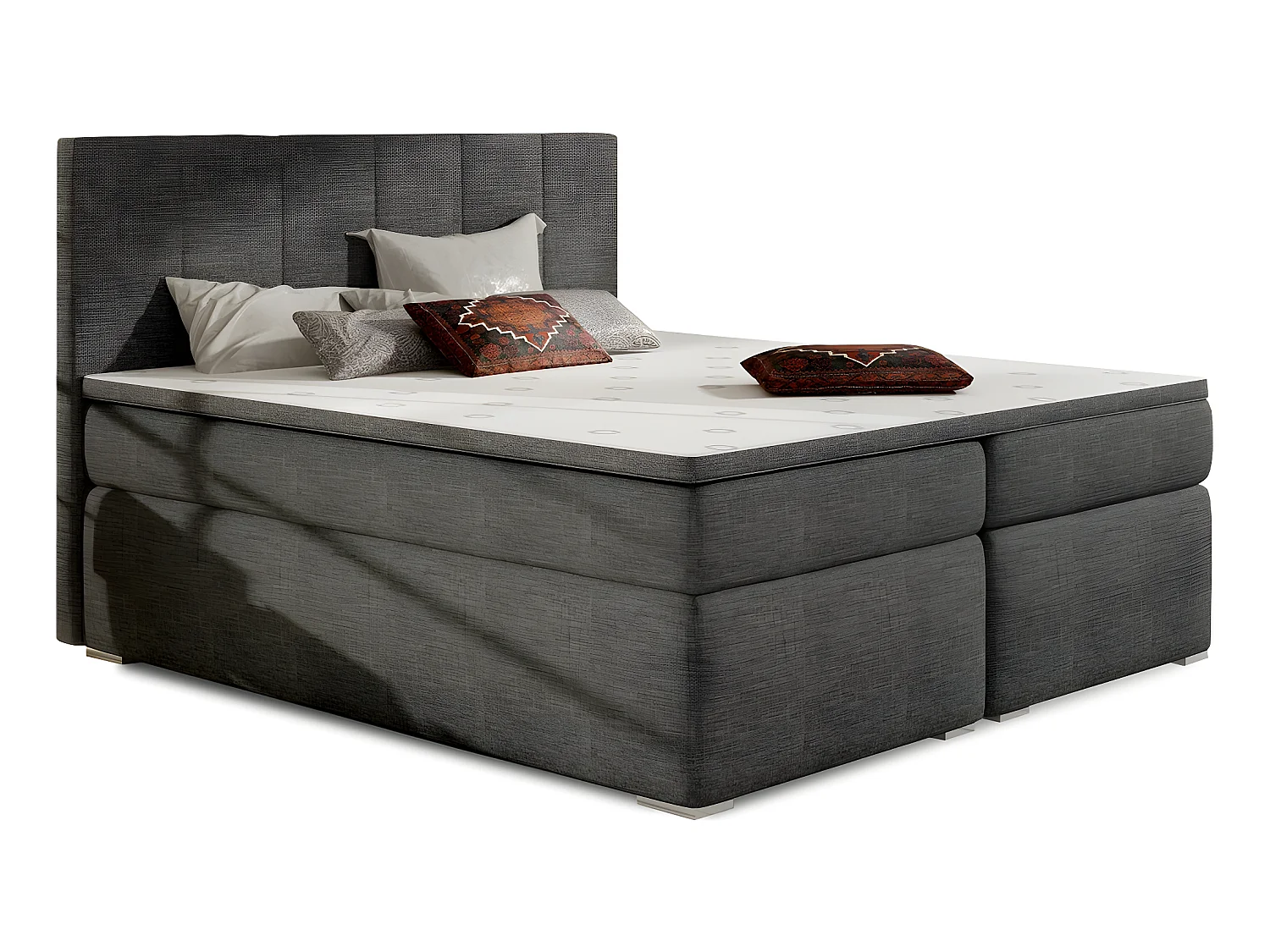 Ensemble boxspring complet tête de lit + sommiers + matelas + surmatelas BORIS de VENESETTI - tissu luxe gris foncé - 180x200 cm