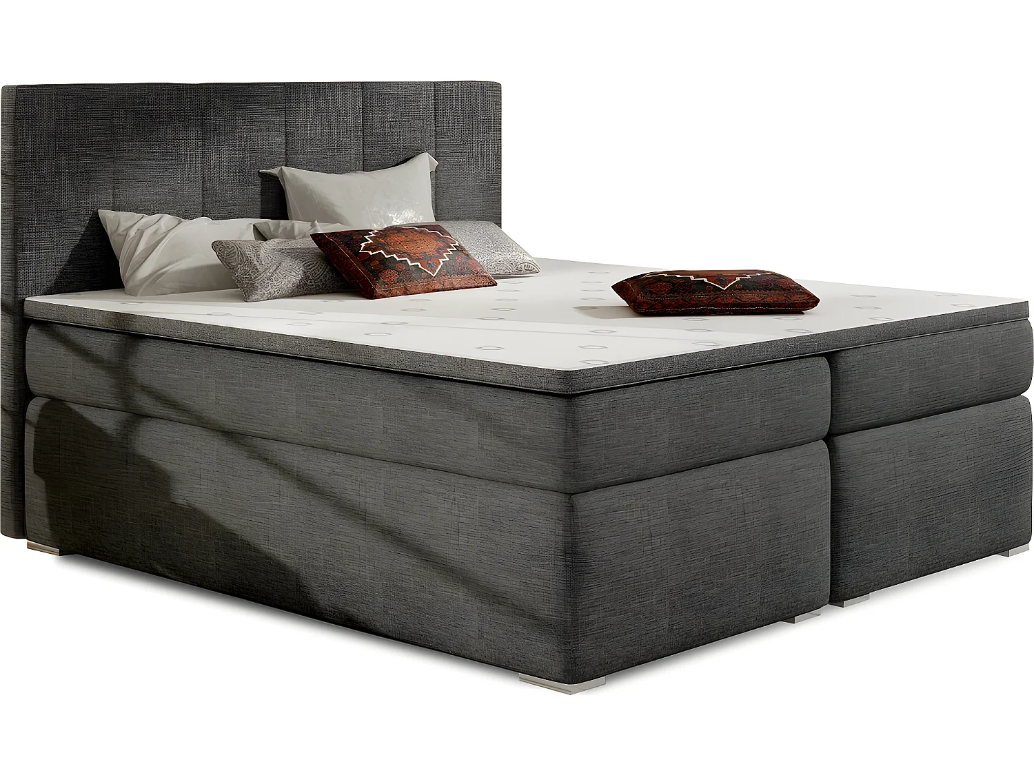 Ensemble boxspring complet tête de lit + sommiers + matelas + surmatelas BORIS de VENESETTI - tissu luxe gris foncé - 180x200 cm