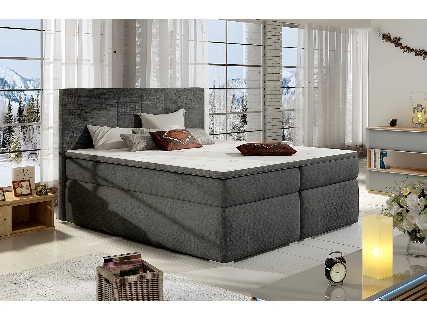 Ensemble boxspring complet tête de lit + sommiers + matelas + surmatelas BORIS de VENESETTI - tissu luxe gris foncé - 180x200 cm