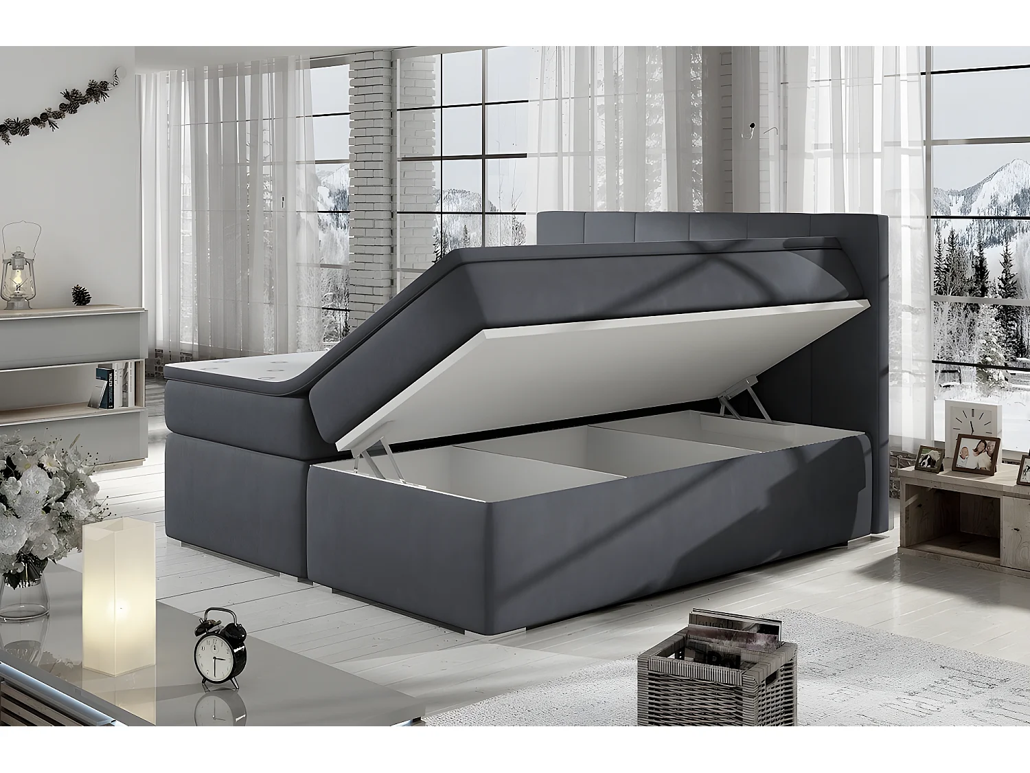 Ensemble boxspring complet tête de lit + sommiers + matelas + surmatelas BORIS de VENESETTI - tissu luxe gris foncé - 180x200 cm
