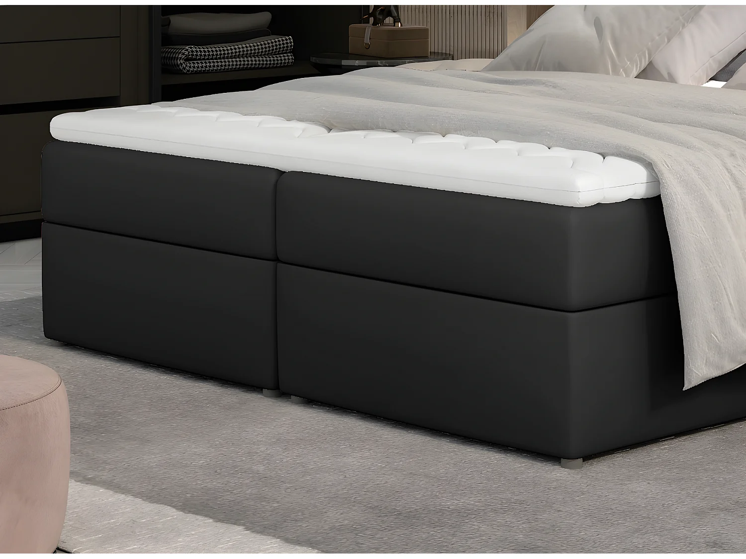 Ensemble boxspring complet tête de lit + sommiers + matelas + surmatelas AMARIS de VENESETTI - simili cuir noir - 140x200 cm