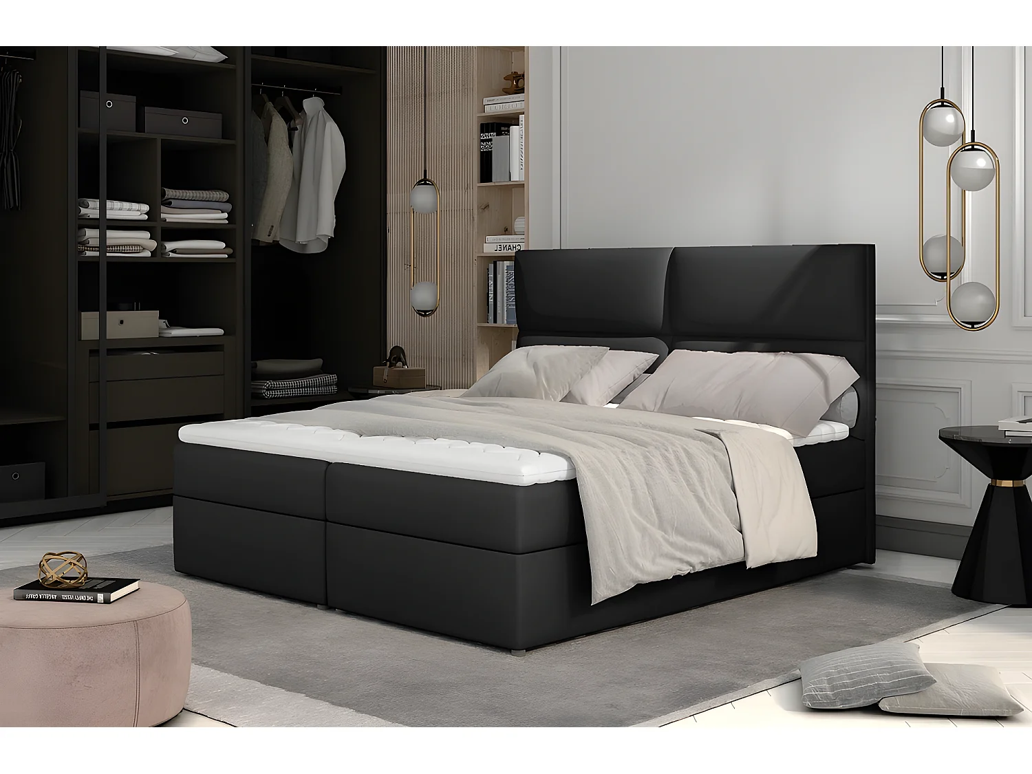 Ensemble boxspring complet tête de lit + sommiers + matelas + surmatelas AMARIS de VENESETTI - simili cuir noir - 140x200 cm
