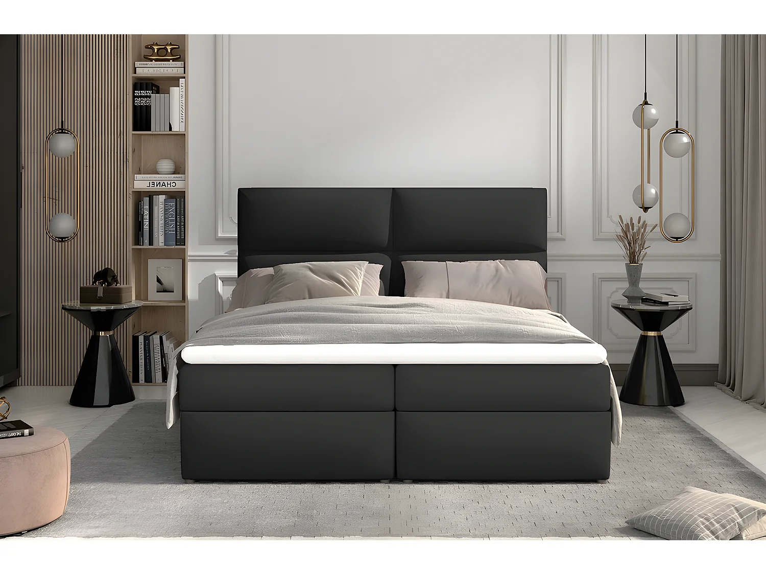 Ensemble boxspring complet tête de lit + sommiers + matelas + surmatelas AMARIS de VENESETTI - simili cuir noir - 140x200 cm