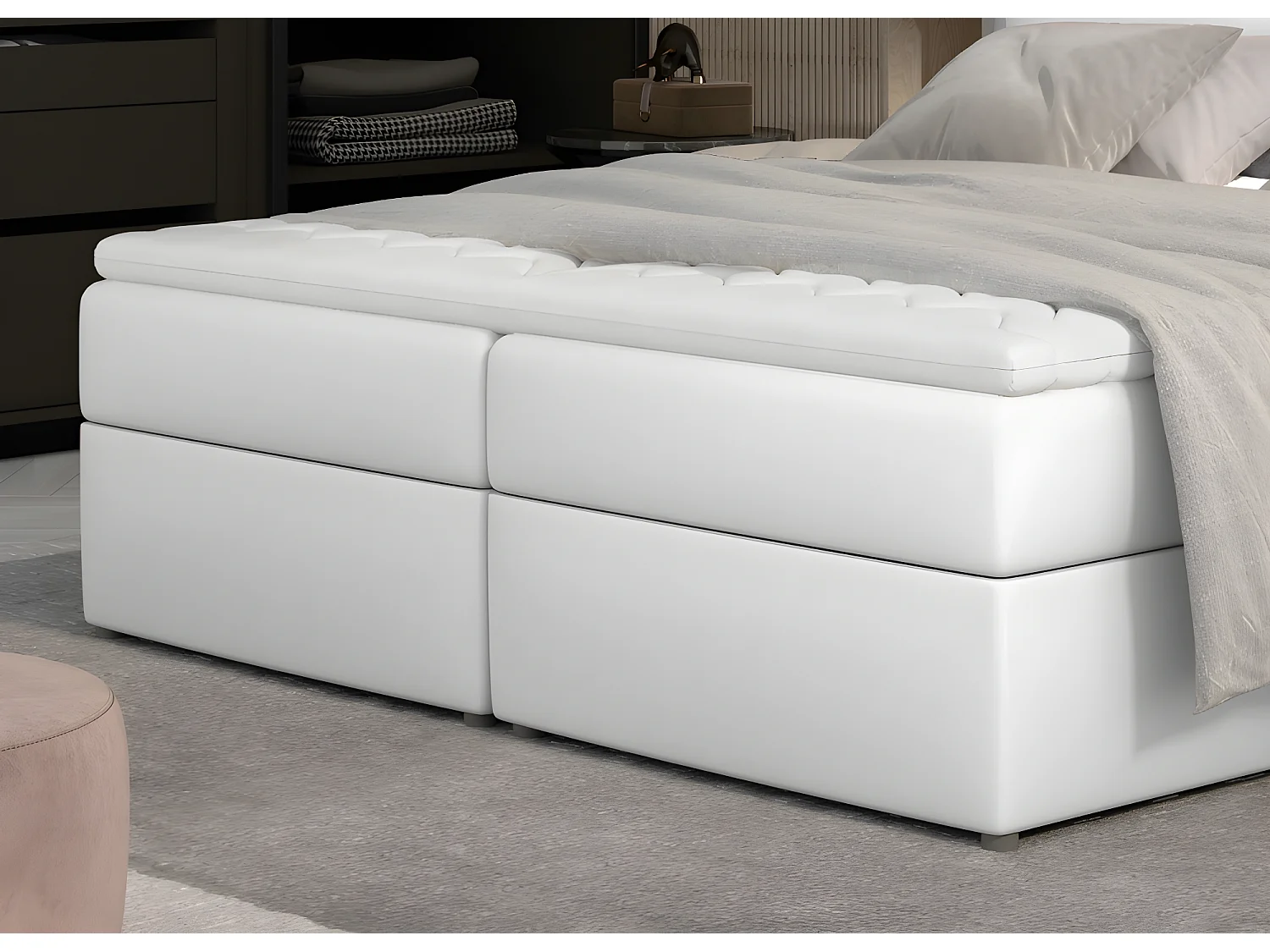 Ensemble boxspring complet tête de lit + sommiers + matelas + surmatelas AMARIS de VENESETTI - simili cuir blanc - 160x200 cm