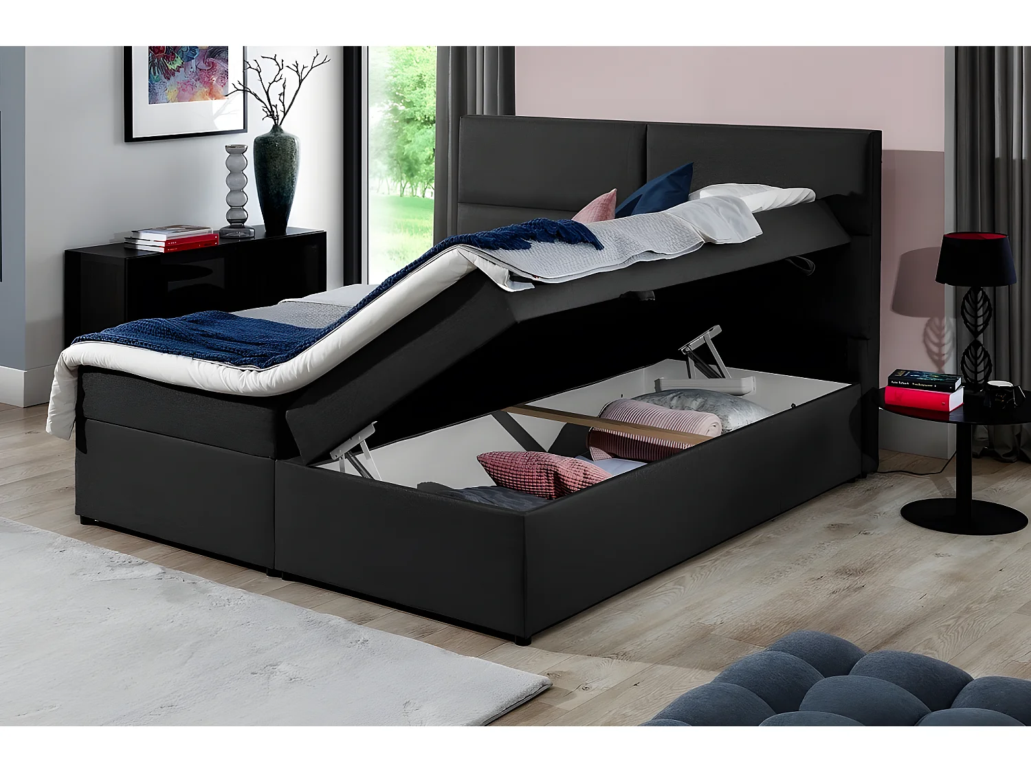 Ensemble boxspring complet tête de lit + sommiers + matelas + surmatelas AMARIS de VENESETTI - simili cuir blanc - 160x200 cm