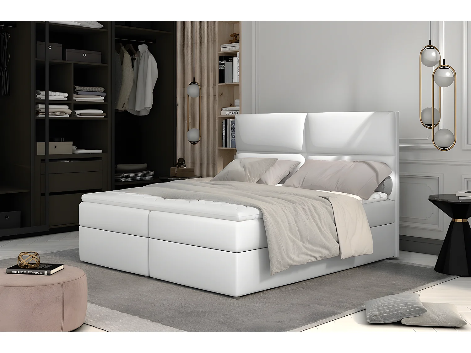 Ensemble boxspring complet tête de lit + sommiers + matelas + surmatelas AMARIS de VENESETTI - simili cuir blanc - 160x200 cm