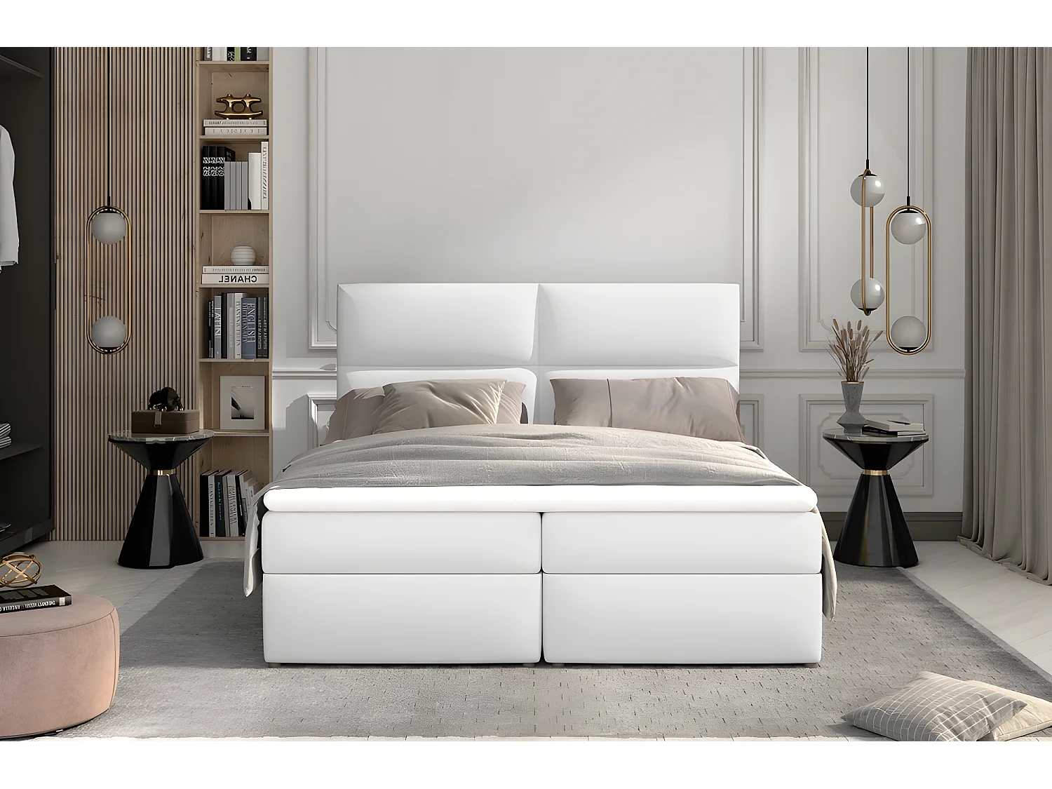 Ensemble boxspring complet tête de lit + sommiers + matelas + surmatelas AMARIS de VENESETTI - simili cuir blanc - 160x200 cm