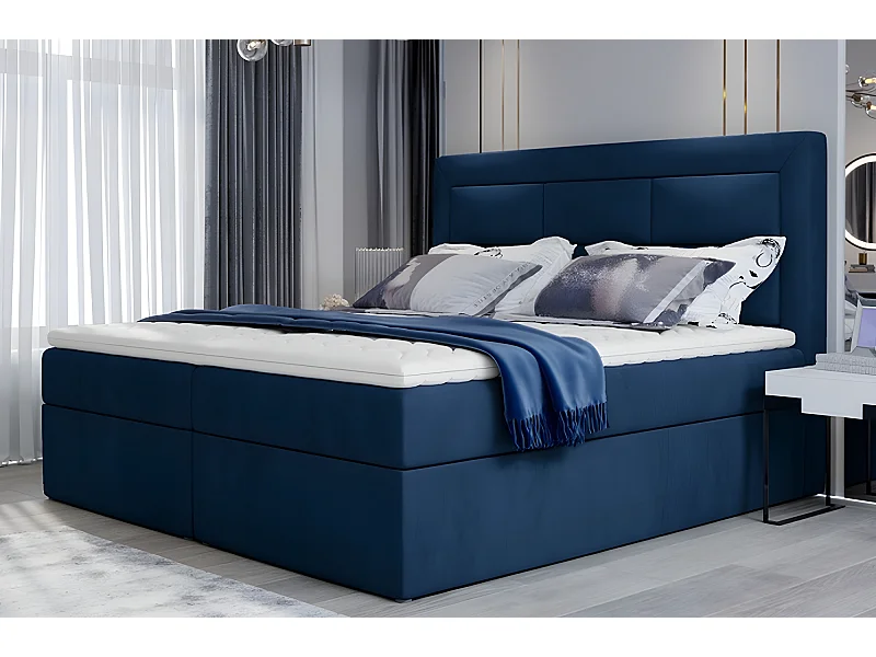 Ensemble boxspring complet tête de lit + sommiers + matelas + surmatelas VISTA VELOURS de VENESETTI - tissu velours luxe bleu - 180 x 200 cm