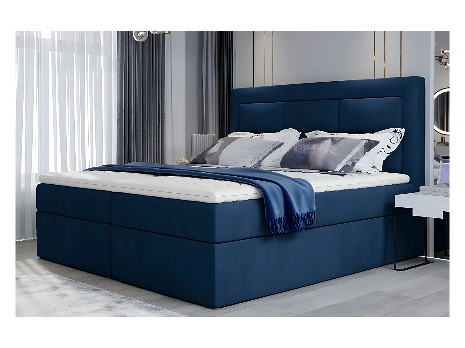 Ensemble boxspring complet tête de lit + sommiers + matelas + surmatelas VISTA VELOURS de VENESETTI - tissu velours luxe bleu - 180 x 200 cm