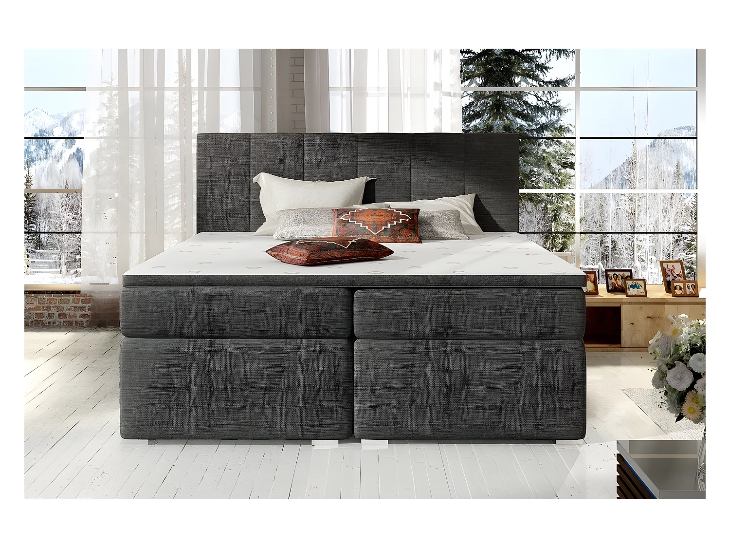 Ensemble boxspring complet tête de lit + sommiers + matelas + surmatelas BORIS de VENESETTI - tissu luxe gris foncé - 160x200 cm