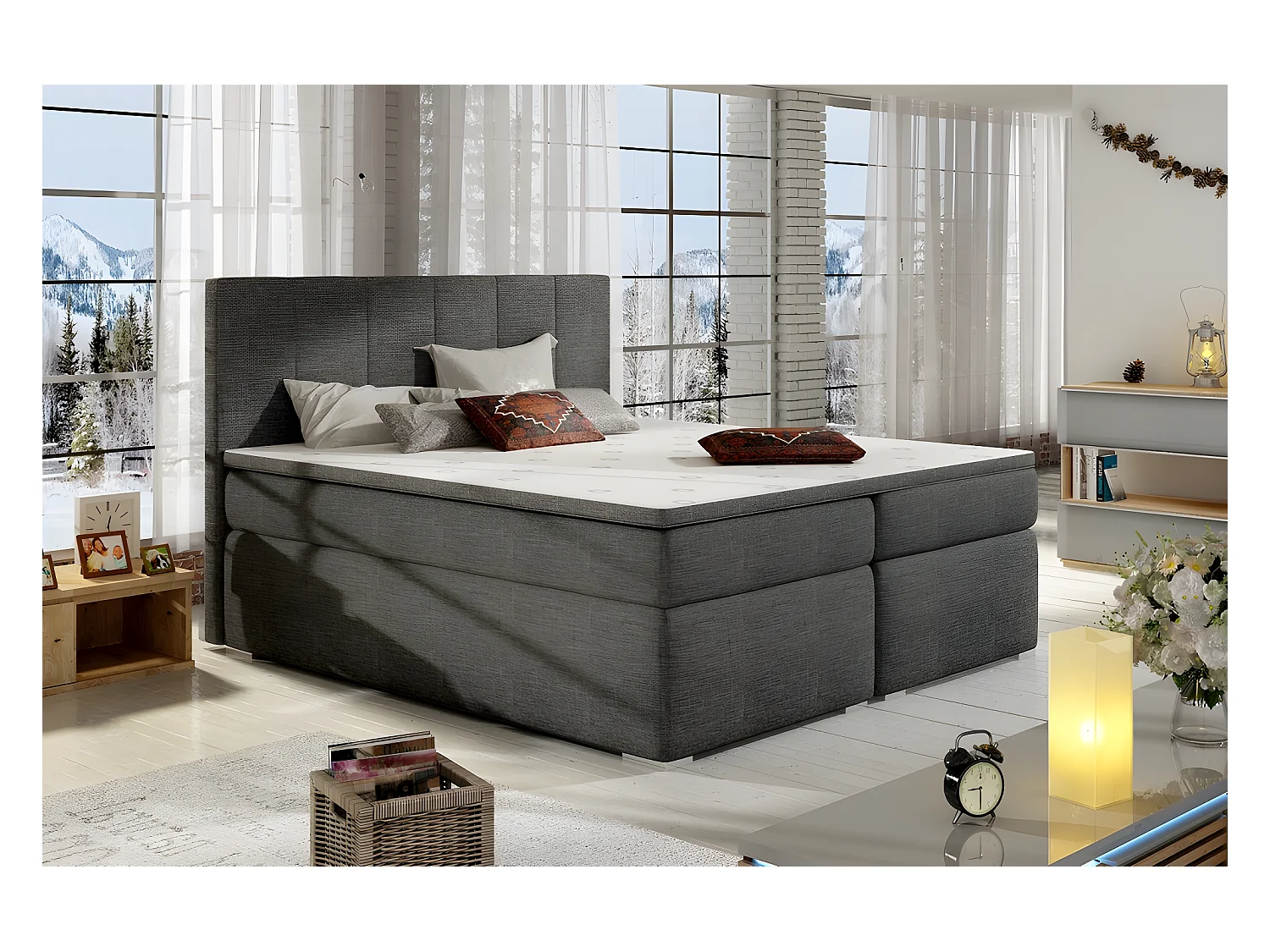 Ensemble boxspring complet tête de lit + sommiers + matelas + surmatelas BORIS de VENESETTI - tissu luxe gris foncé - 160x200 cm