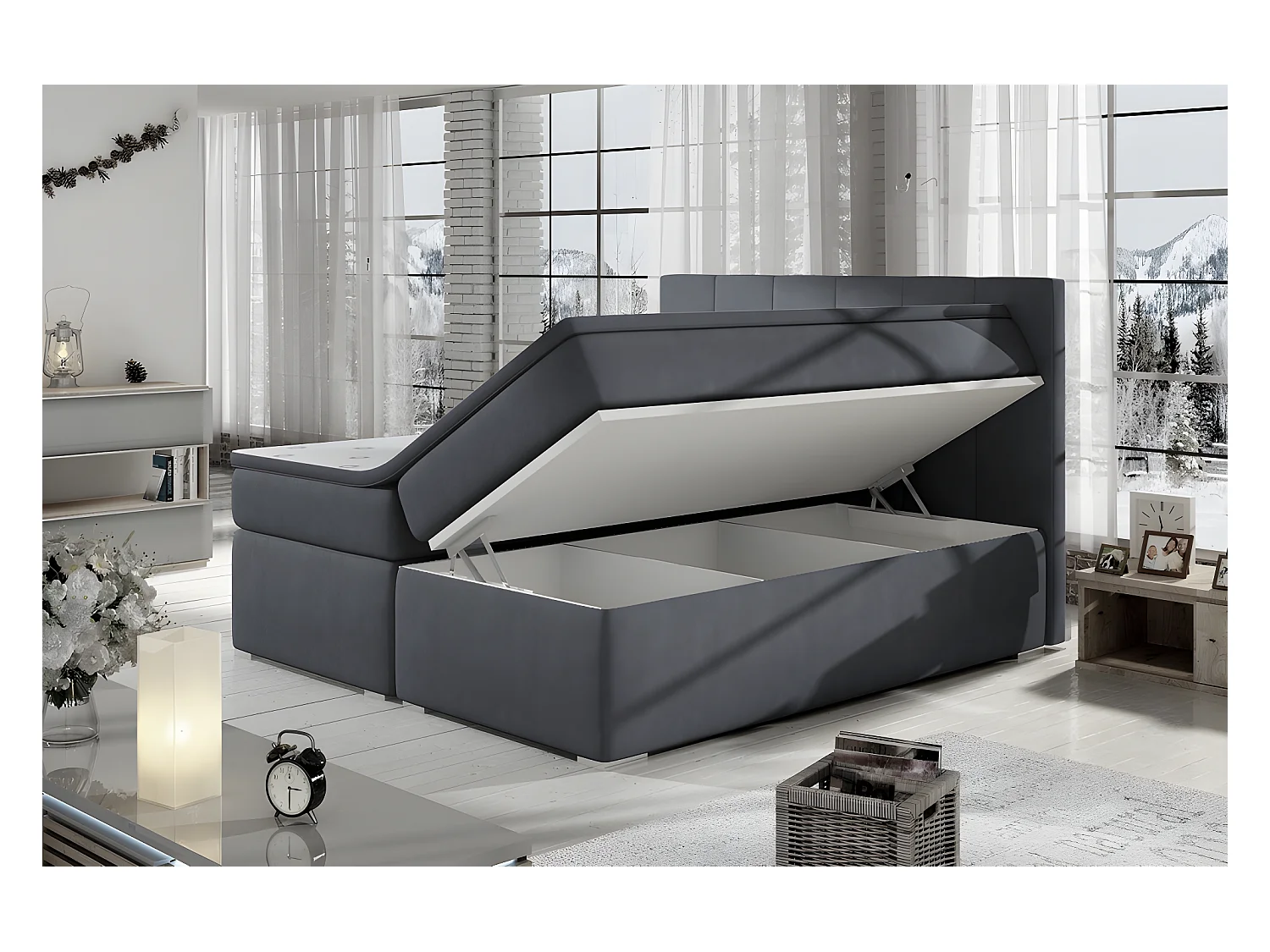 Ensemble boxspring complet tête de lit + sommiers + matelas + surmatelas BORIS de VENESETTI - tissu luxe gris foncé - 160x200 cm