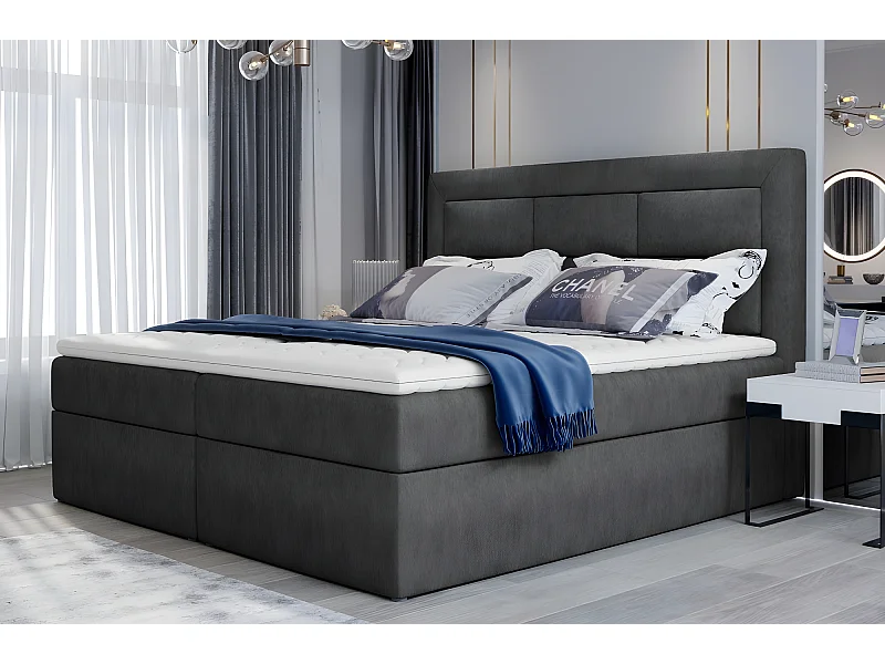Ensemble boxspring complet tête de lit + sommiers + matelas + surmatelas VISTA de VENESETTI - tissu luxe gris foncé - 160 x 200 cm